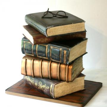 Antique Stack of Books, Glasses, & Wood Table Board Full View